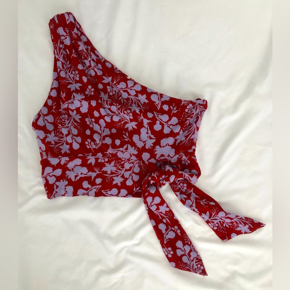 EUC Free People Carmen burgundy/lavender one shoulder crop top with tie accent.